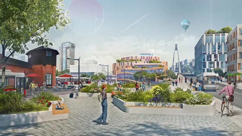 Visionsbild som illustrerar en framtida förlängning av S:t Larsgatan som leder fram till det södra stationstorget vid Linköpings nya centralstation. Bilden visar hur gatan delar sig, med en ledande till huvudentrén (vänster) och en som fortsätter norrut över järnvägen (höger). Till vänster  syns det gamla lokstallet och i bakgrunden syns Tornet.