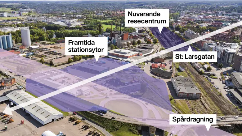 Bild som illustrerar den planerade spårdragningen, de framtida stationsytorna och hur S:t Larsgatan kommer att förlängas in i stationsområdet och vidare.