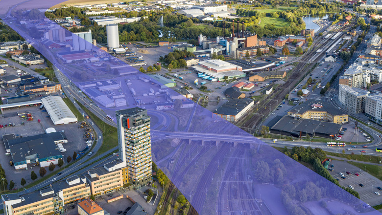 Flygbild över Steninge. I bilden syns befintlig bebyggelse. I bilden är möjlig korridor för Ostlänkens spår markerad.