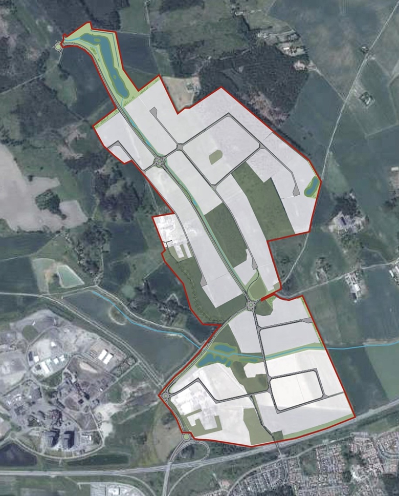 Strukturen för området med gator, grön- och blåstruktur och verksamhetsmark