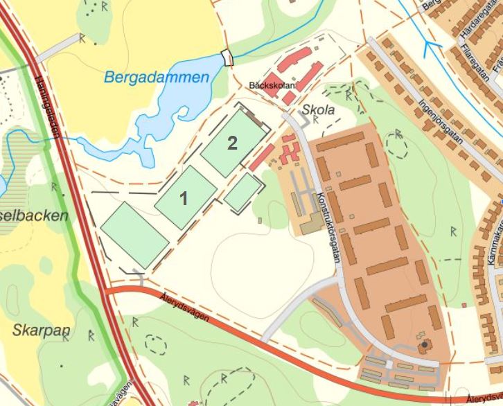 Kartbild med fotbollsplanerna