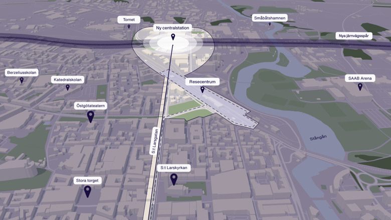 En 3D-karta över en de norra delarna av Linköpings innerstad.